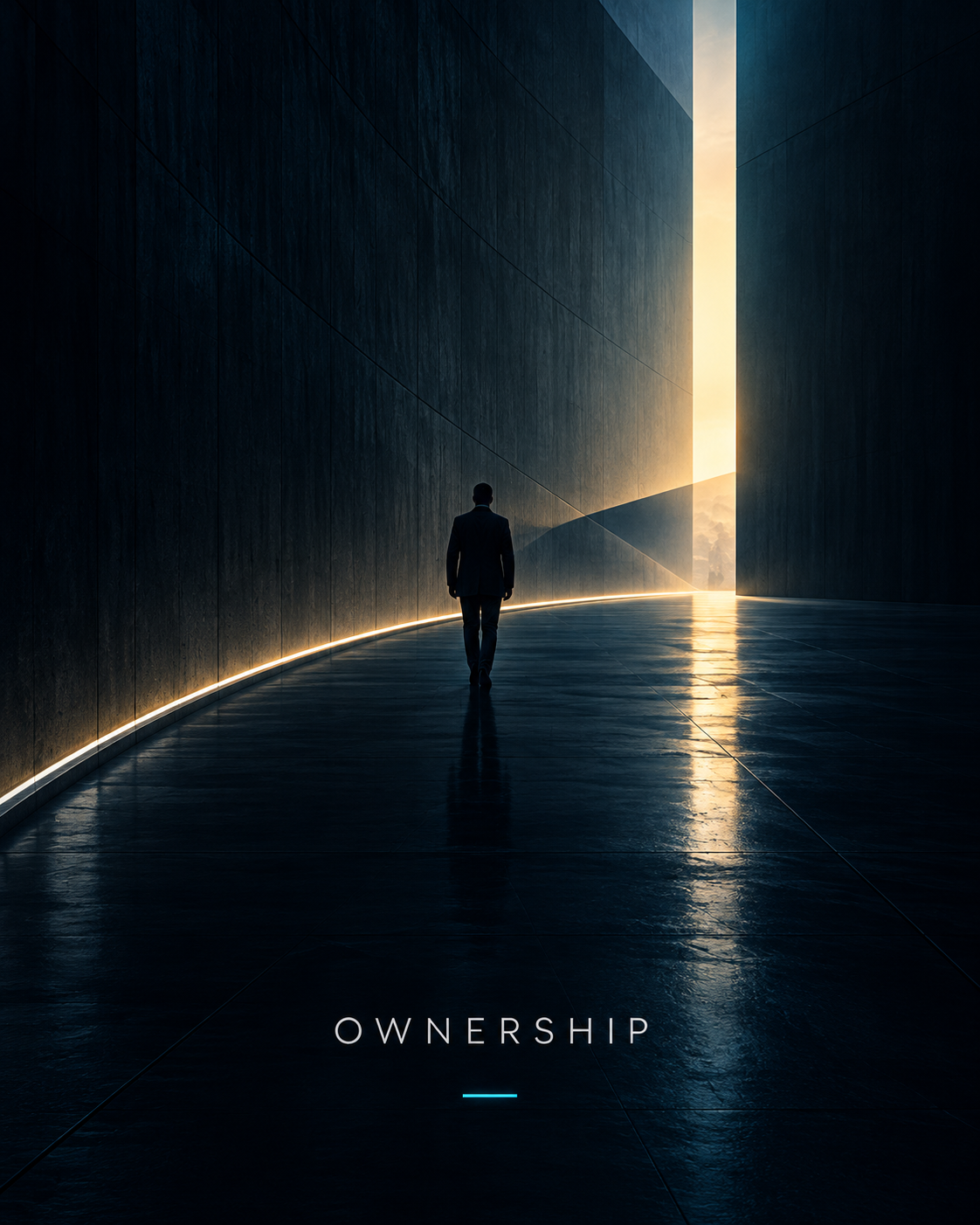 OWNERSHIP — a solitary figure walking along a curved light toward a golden doorway.
