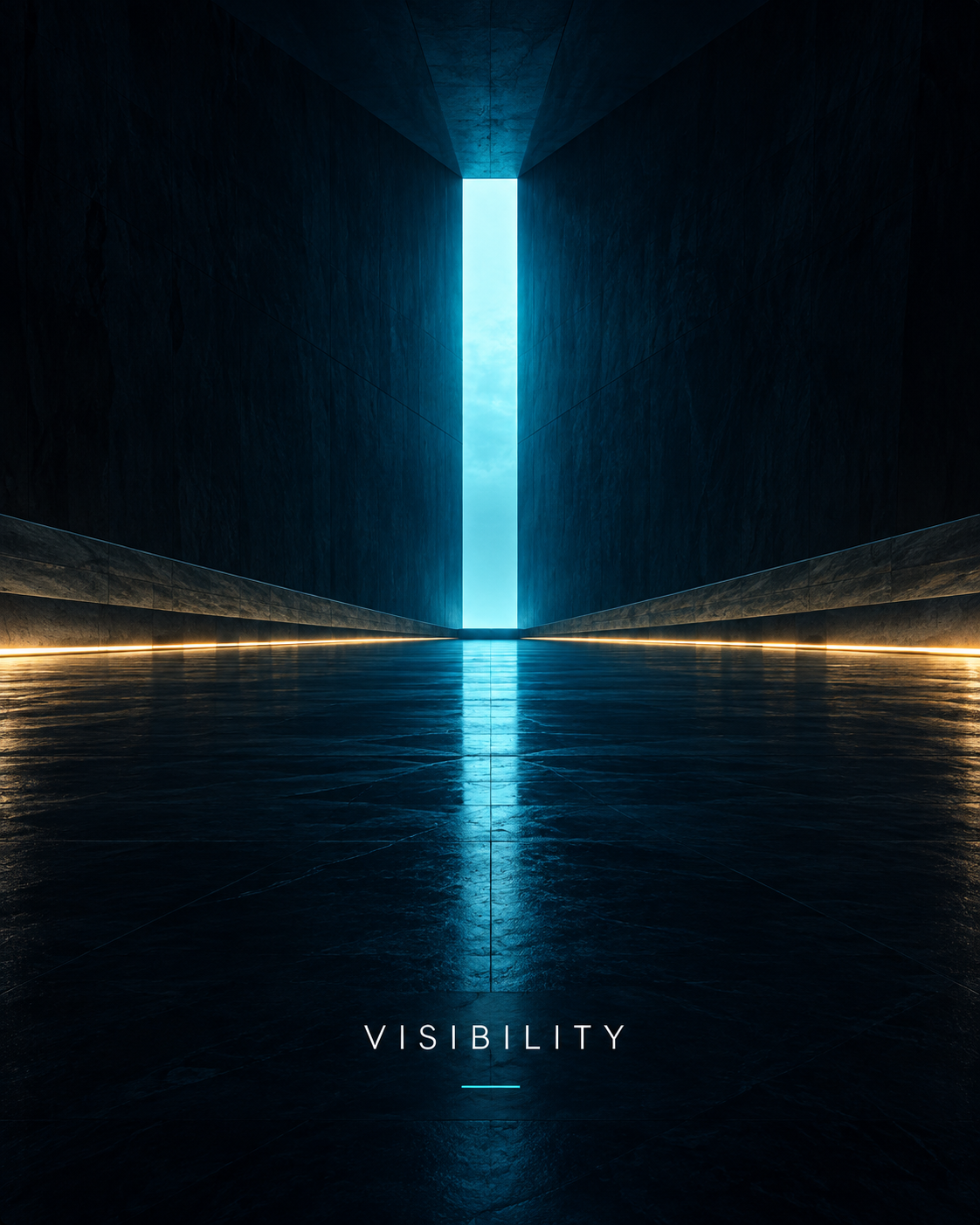 VISIBILITY — a cyan-lit monumental corridor with a bright doorway.