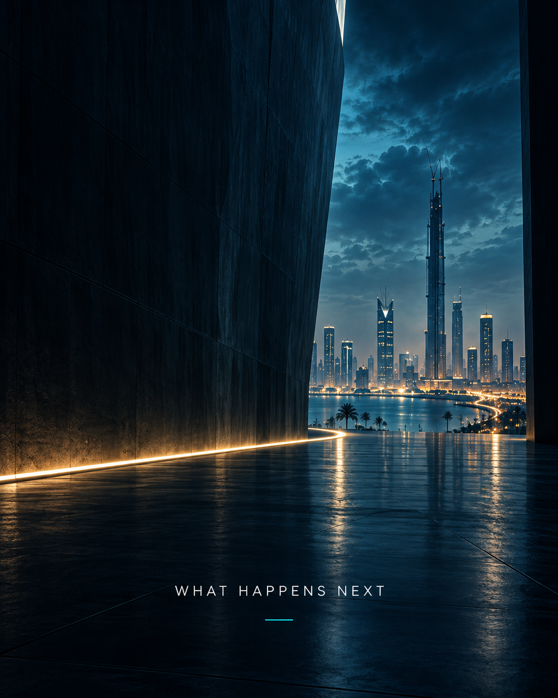 WHAT HAPPENS NEXT — the Jeddah-inspired future skyline visible beyond a dark architectural passage.